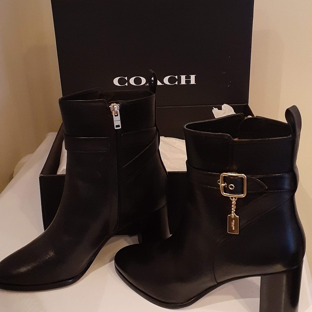 Coach Black Heeled Boots with Gold Accents
